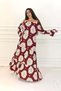 Burgundy Madonna Collar Patterned Skirt Layered Long Dress - 4