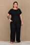 Crew neck lace detailed black plus size pajama set