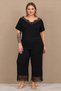 Open neck lace detailed black large size pajama set