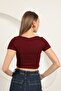 Women's Burgundy Crop T-Shirt U-Neck Short Sleeve Plain Patterned Slim Fit - 6