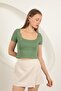 Women's Khaki Crop T-Shirt U-Neck Short Sleeve Plain Patterned Slim Fit - 2