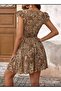 Short Sleeve Belted Waist Patterned Dress - 4