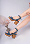 Grace Model Genuine Leather Denim Blue Fastening with Trop Detail Ankle-Covering Platform Thick Heel Sandals - 4