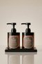 Set of 2 Amber Soap Dispensers - Bathroom Set with Black Stand, Hand Soap and Hand Lotion Written on It - 220Hhccplstk