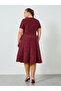 Plus Size Burgundy Short Sleeves A-Line Midi Dress - 5