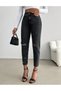 HIGH WAISTED BLACK KNEE-LENGTH LASER-RIPPED DETAIL MOM JEANS - 4