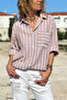 Beige Striped Pocketed Cotton Casual Woven Shirt 70 50 - 4