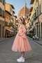 Girl's Salmon-Colored Evening Dress with Transparent Tulle on the Sleeves and Polka Dots, and Ruffle Detail on the Collar. - 4
