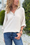 Beige Half-Patched Ornamented Buttoned Cotton Loose Woven Blouse 65 55