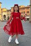 Girl's Red Evening Dress with Transparent Tulle on the Sleeves and Polka Dots, Ruffle Detail at the Collar, and Tulle on the Front