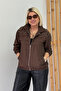 Brown Shoulders Stone Embroidered Zippered Bomber Coat