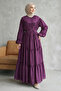 Elastic Sleeves, Tieable Waist, Layered Ruffle Detail Long Dress - Plum - 2