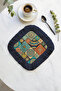 Ethnic Motif Fringed Coffee Serving Napkin - Colorful Bohemian Dark Blue Coaster Presentation Handkerchief - 4