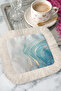 Marble Effect Fringed Serving Cocktail Napkin - Modern Gray Coaster Napkin with Aqua Gold Color - 8