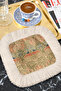 Baroque Elegance Fringed Presentation Napkin - Bohemian Green Cream Patterned Coffee Presentation Napkin with Bird Motif - 8