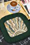 Retro Wave Sparkling Fringed Presentation Napkin - Sun Reflecting Bohemian Green Gold Coaster Tissue - 6