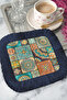 Ethnic Motif Fringed Coffee Serving Napkin - Colorful Bohemian Dark Blue Coaster Presentation Handkerchief - 8