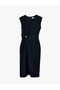 Sleeveless Crew Neck Midi Denim Dress with Slits on the Back and Metal Accessories - 3