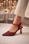 Women's Stoned Mesh Detailed Goblet Heeled Evening Dress Shoes with Ankle Strap, Stylish Event Shoes - 6