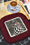 Stunning Checkerboard Figured Fringed Presentation Napkin - Artistic Bohemian Anthracite Burgundy Coaster Tissue - 5