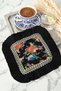 Baroque Floral Fringed Decorative Fabric Napkin - Black Gold Colored Bohemian Coaster Tissue - 3