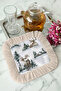 Nordic Deer Forest Fringed Coffee Side Serving Napkin - Winter Nature Rustic Green Cream Presentation Napkin - 8