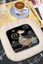 Floral Colorful Cat Fringed Presentation Napkin-Artistic Bohemian Floral Black Coaster Serving Tissue - 6