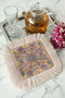 Elegant Tulip Motif Fringed Presentation Decoration Handkerchief - Floral Bohemian Yellow Pink Cream Coffee Napkin - 5