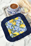 Mediterranean Inspired Lemon Blue Fringed Presentation Napkin - Navy Blue Coaster Tissue with Ceramic Motif - 6