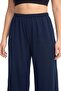 Women's Navy Blue Textured Plus Size Pajama Bottoms with Pockets - 2