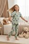 Girls' Pajama Set Green Color Heart Patterned Cotton Short Sleeves - 3