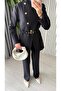 Women's Gold Asymmetrical Buttoned Jacket with Belt Stylish Set - 6
