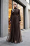 Draped Tulle Evening Dress with Stone Detail on the Shoulder - Dark Coffee