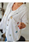 Women's White Hooded Star Embroidered Pocketed Drawstring Cotton Linen Shirt Jacket