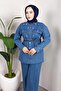 Stone Detailed Belted Denim Hijab Suit Light Blue - 2