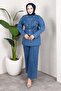 Stone Detailed Belted Denim Hijab Suit Light Blue
