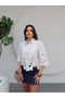 Women's Ecru Leaf Patterned Laser Cut Embroidered Scalloped Cotton Linen Shirt - 3