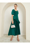Green Puff Sleeves Pleated A-Line Maxi Dress - 3