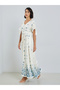 Women Floral Print Lace Up Sleeves A-Line Maxi Dress - 3