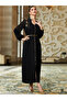 Women's Solid Rhinestone Embellished Open Collar Long Sleeve Elastic Cuff Golden Trim Jalabiya - 5