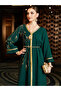 Women's Solid Rhinestone Embellished Golden Trim V Neck Long Sleeve Jalabiya