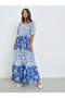Women Blue Printed Tiered Maxi Dress with 3/4 Sleeves - 3
