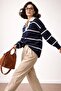 Navy Blue Polo Collar Striped Knitwear Sweater - 4