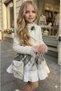 Girl's White Chanel Jacket with Feathered Sleeves and Lace Embroidered Plaid Dress with Skirt Hem - 2