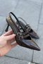 Women's Oden Buckle Heeled Shoes Coffee-Patent Leather - 2