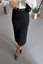 Black Pencil Skirt with Belted Front Slit Detail - 2