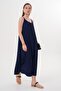 Women's Navy Blue Rope Strap Muslin Long Dress with Side Slits - 3