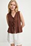 Women's Coffee Color Front Tie Sleeveless Skirt with Ruffles Muslin Blouse - 2