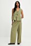 Women's Khaki Tie-Front Sleeveless Skirt with Ruffled Muslin Blouse - 3