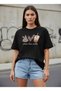 Black Women's Coffee Printed Cotton T-Shirt Oversize Peace Love Coffee Patterned Women's T-Shirt